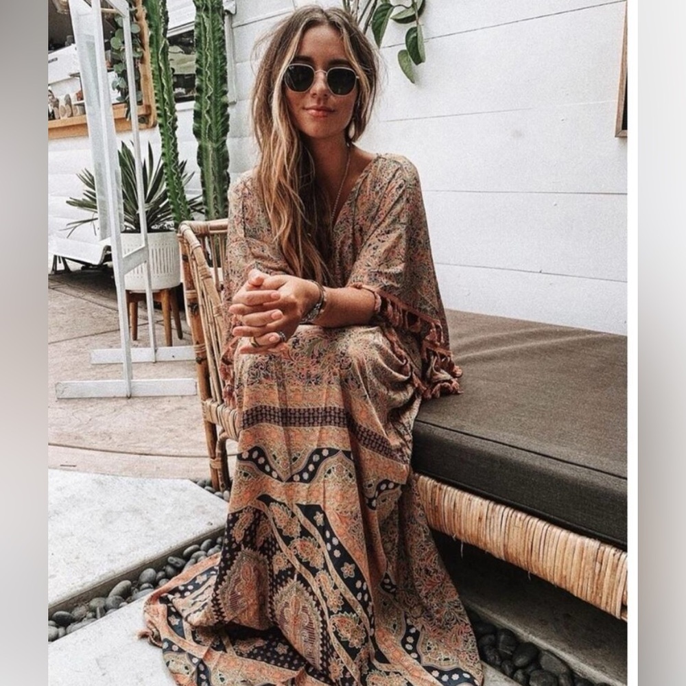 NWOT Anthropologie Raga Henna Tassel Bohemian Paisley Kimono Maxi Dress 70s